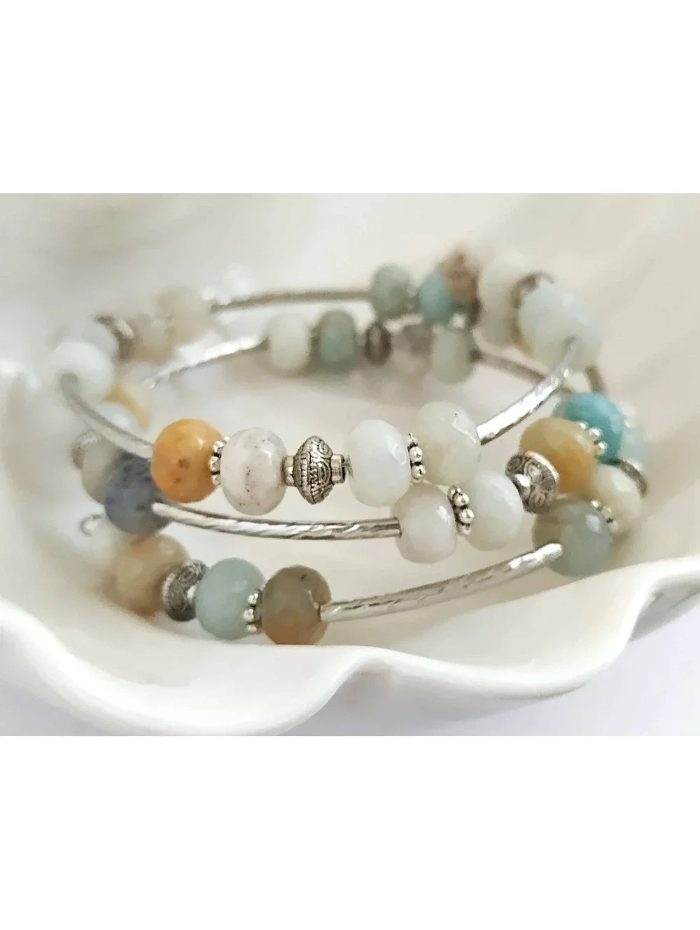 Gemstone Wrap Bracelet, Amazonite Stone Bracelet  5 Loops